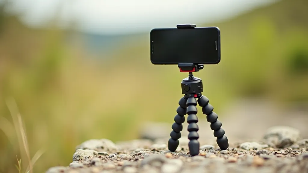 Smartphone tripod with flexible rubber feet gripping uneven outdoor surface, compact mobile stabilization rig