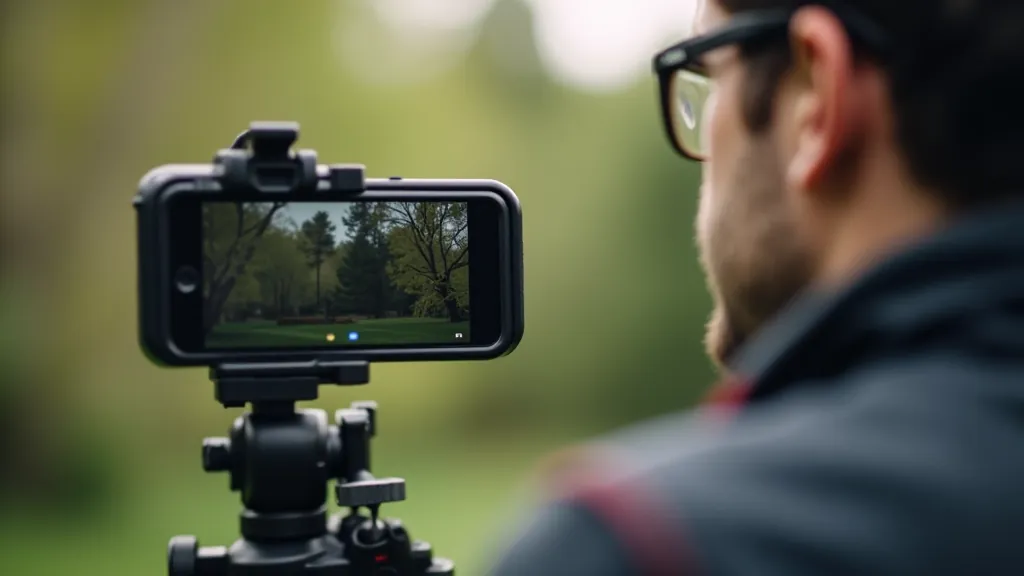 Filmmaker reviewing smartphone video footage on small external monitor, professional mobile production setup with external audio