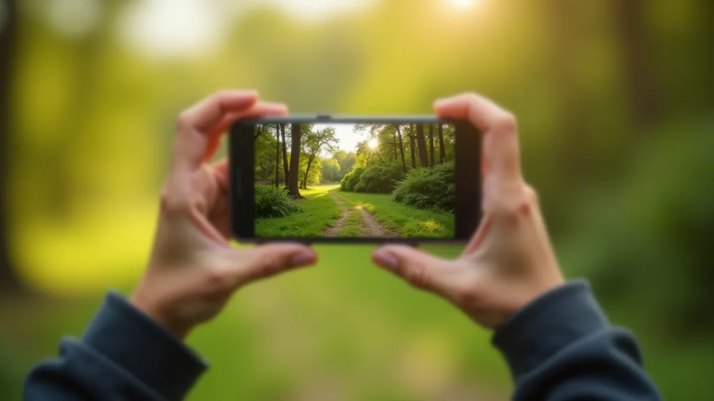 Hands holding smartphone in landscape orientation, composing a landscape scene with trees and sky