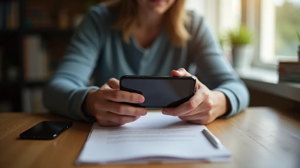 Photographer demonstrating smartphone positioning and angle at wooden table with natural light, hands showing proper grip