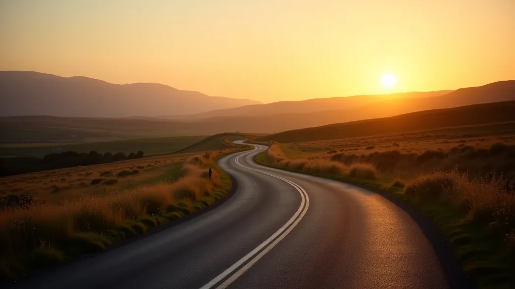Landscape photo of winding road leading toward horizon, creating sense of depth and movement