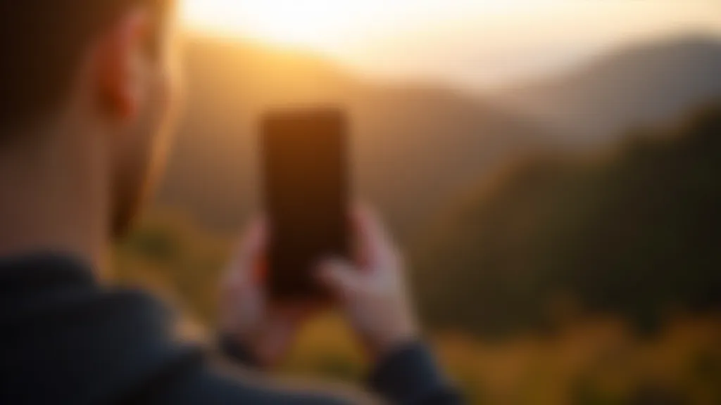 Person outdoors holding smartphone in landscape mode, photographing a scene