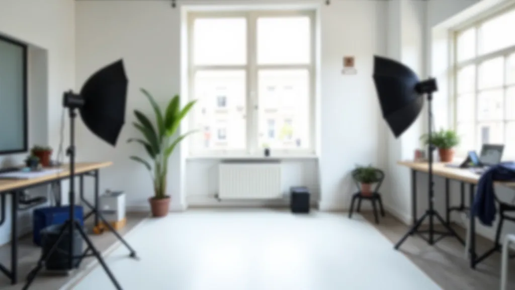 Photography workshop space with studio lighting equipment, white walls, and natural light from tall windows