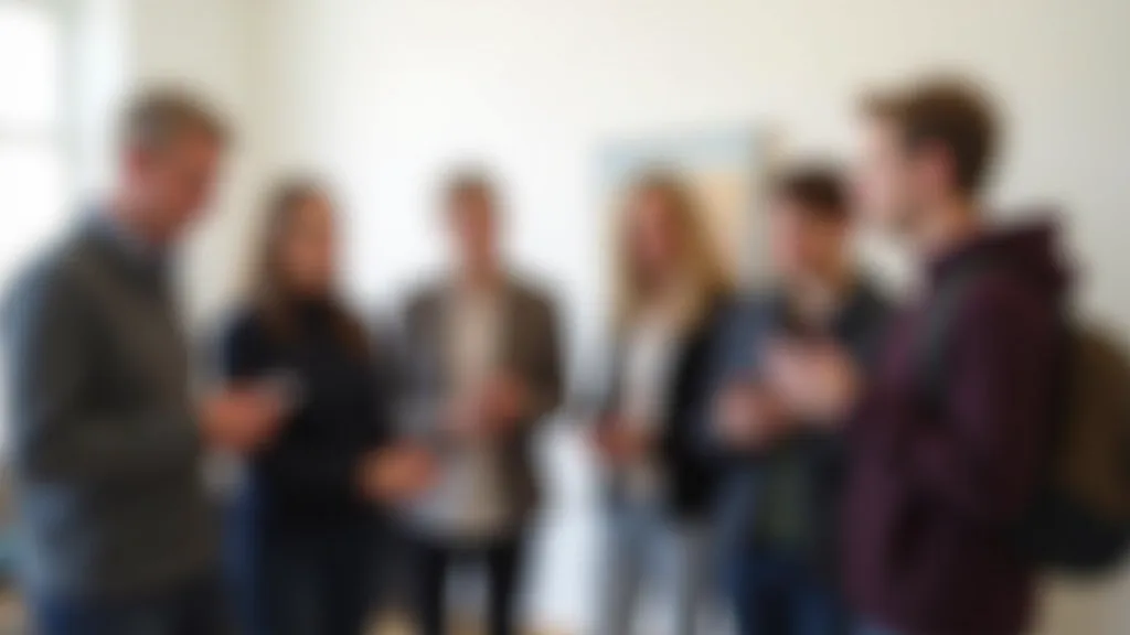 Two people in a gallery space examining photography prints on the wall