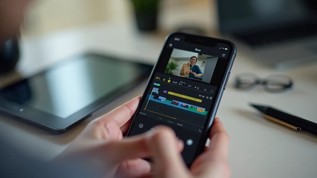 Mobile phone editing app interface showing timeline with video clips, color correction panel, and transitions
