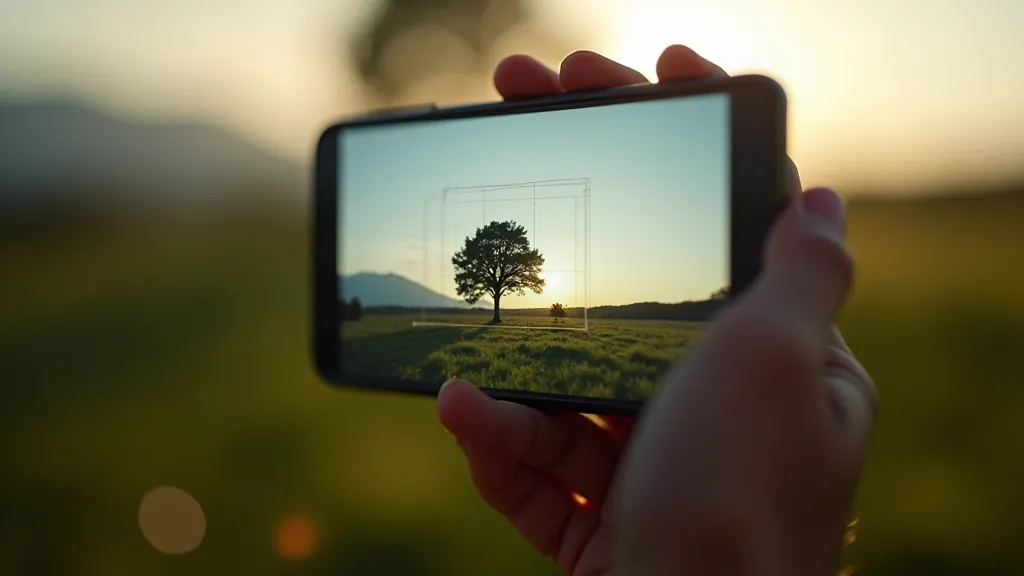 Mobile phone screen showing grid overlay with landscape photo, tree positioned on grid line