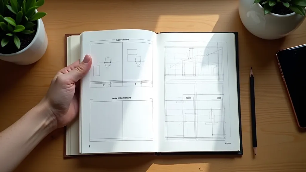 Open notebook with sketched composition grid lines next to smartphone on wooden table, showing photography planning basics